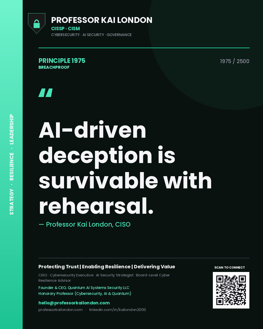 Quote card by Professor Kai London reading 'AI-driven deception is survivable with rehearsal.'. From the book Breachproof.