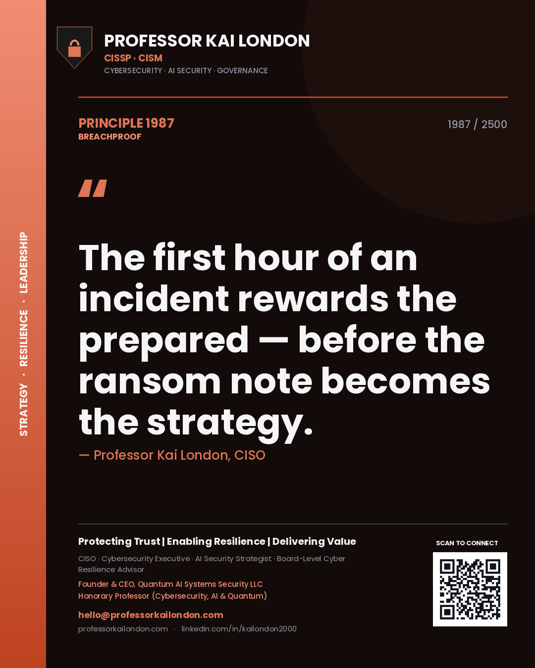 Quote card by Professor Kai London reading 'The first hour of an incident rewards the prepared — before the ransom note becomes the strategy.'. From the book Breachproof.