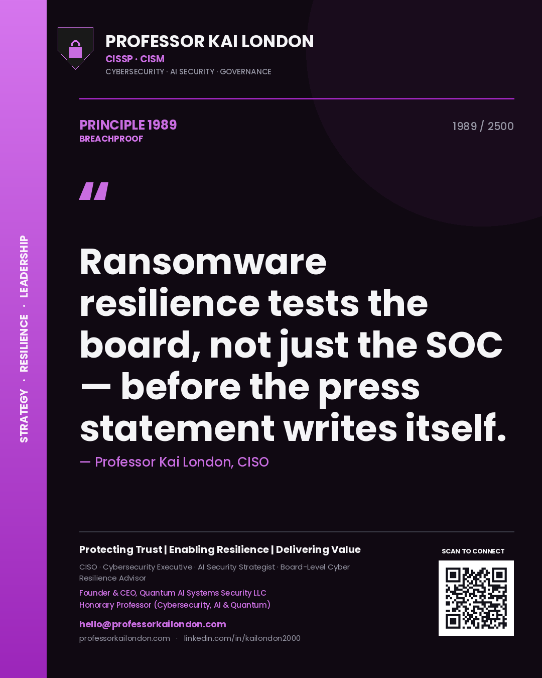 Professor Kai London principle 1989: Ransomware resilience tests the board, not just the SOC — before the press statement writes itself.