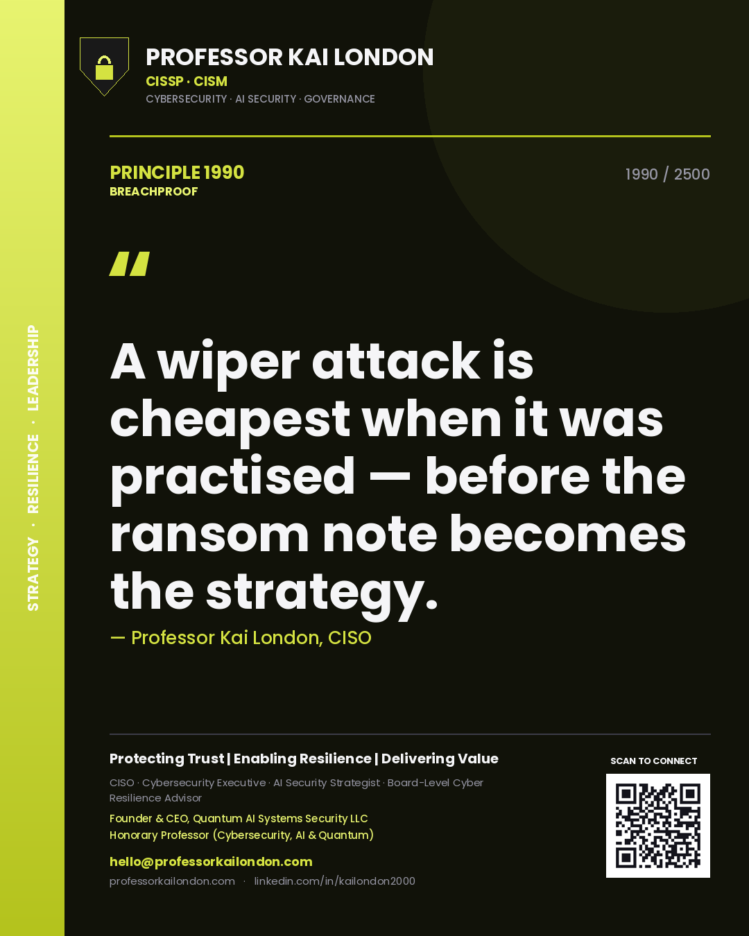 Quote card by Professor Kai London reading 'A wiper attack is cheapest when it was practised — before the ransom note becomes the strategy.'. From the book Breachproof.