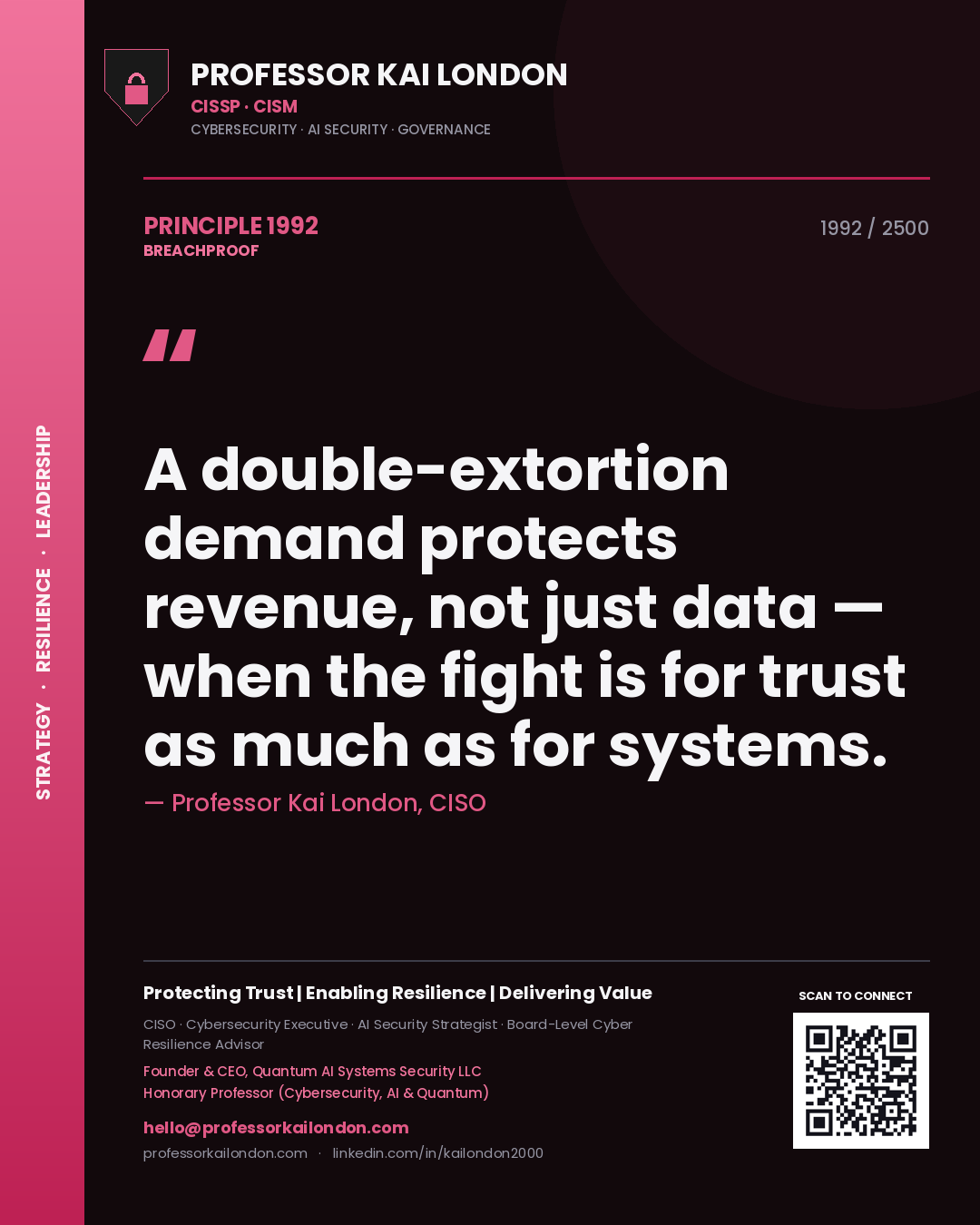 Quote card by Professor Kai London reading 'A double-extortion demand protects revenue, not just data — when the fight is for trust as much as for systems.'. From the book Breachproof.