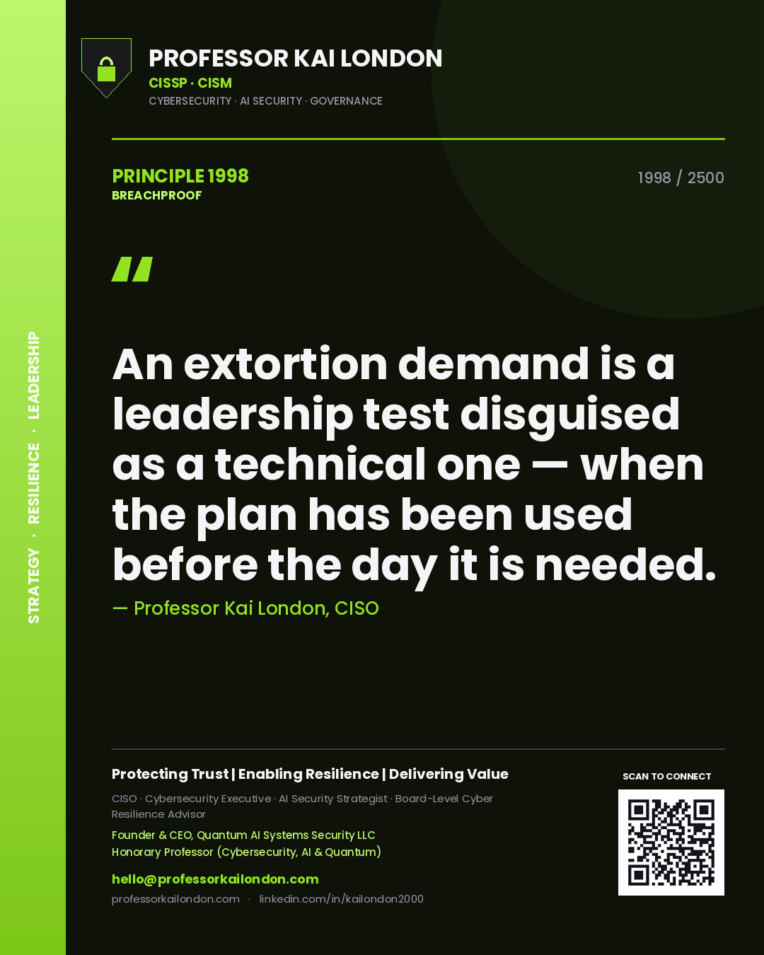 Quote card by Professor Kai London reading 'An extortion demand is a leadership test disguised as a technical one — when the plan has been used before the day it is needed.'. From the book Breachproof.