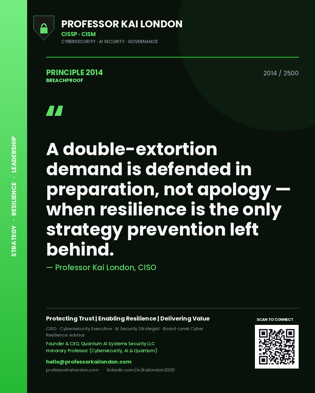 Quote card by Professor Kai London reading 'A double-extortion demand is defended in preparation, not apology — when resilience is the only strategy prevention left behind.'. From the book Breachproof.