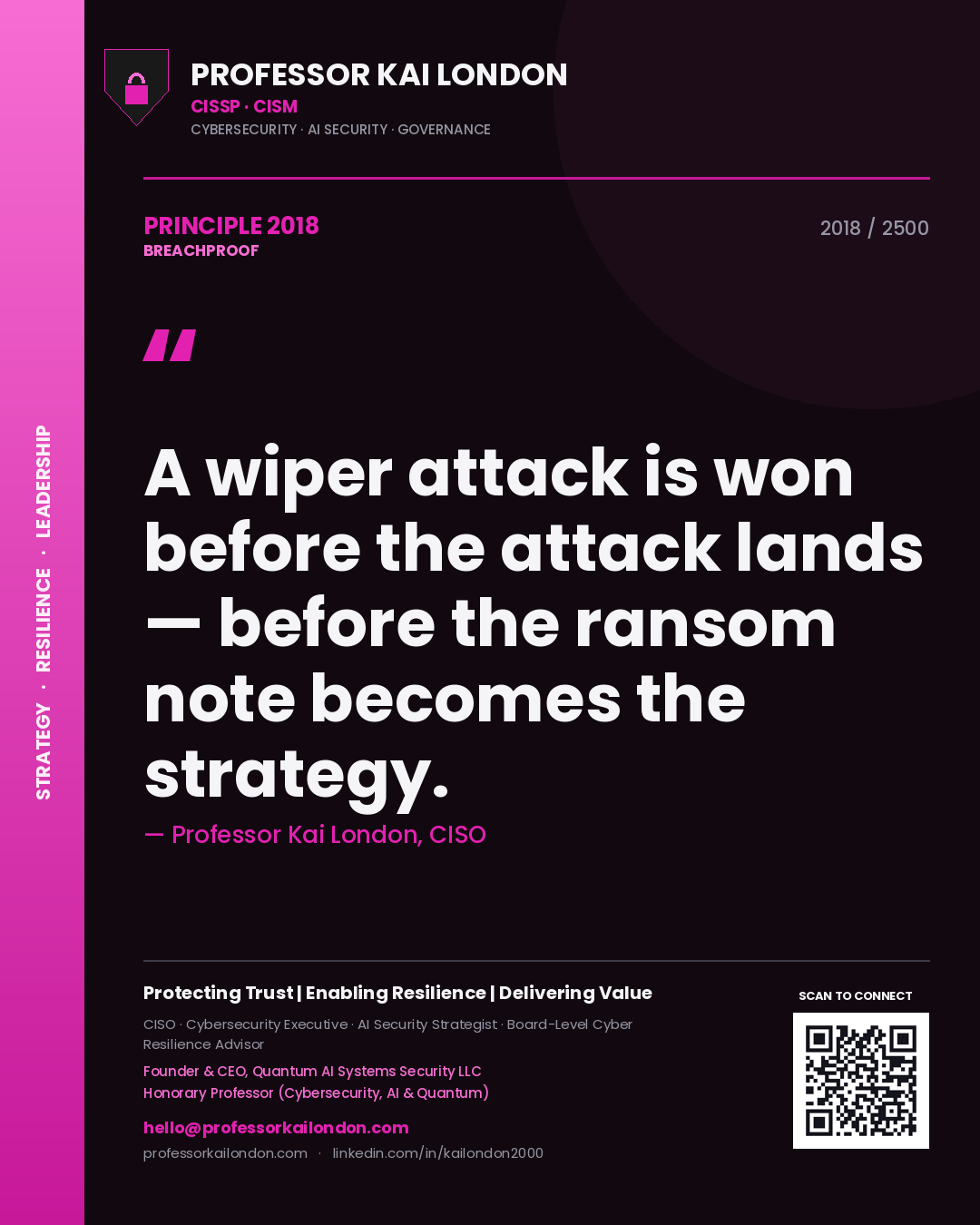 Quote card by Professor Kai London reading 'A wiper attack is won before the attack lands — before the ransom note becomes the strategy.'. From the book Breachproof.
