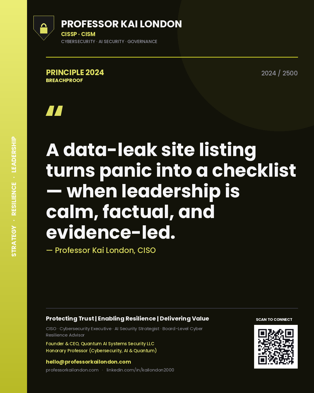 Quote card by Professor Kai London reading 'A data-leak site listing turns panic into a checklist — when leadership is calm, factual, and evidence-led.'. From the book Breachproof.
