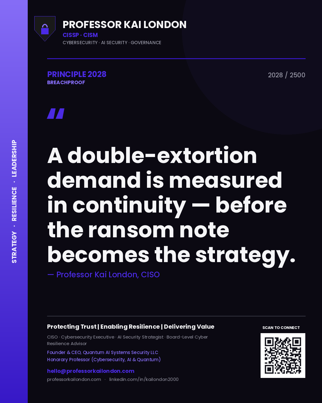 Quote card by Professor Kai London reading 'A double-extortion demand is measured in continuity — before the ransom note becomes the strategy.'. From the book Breachproof.