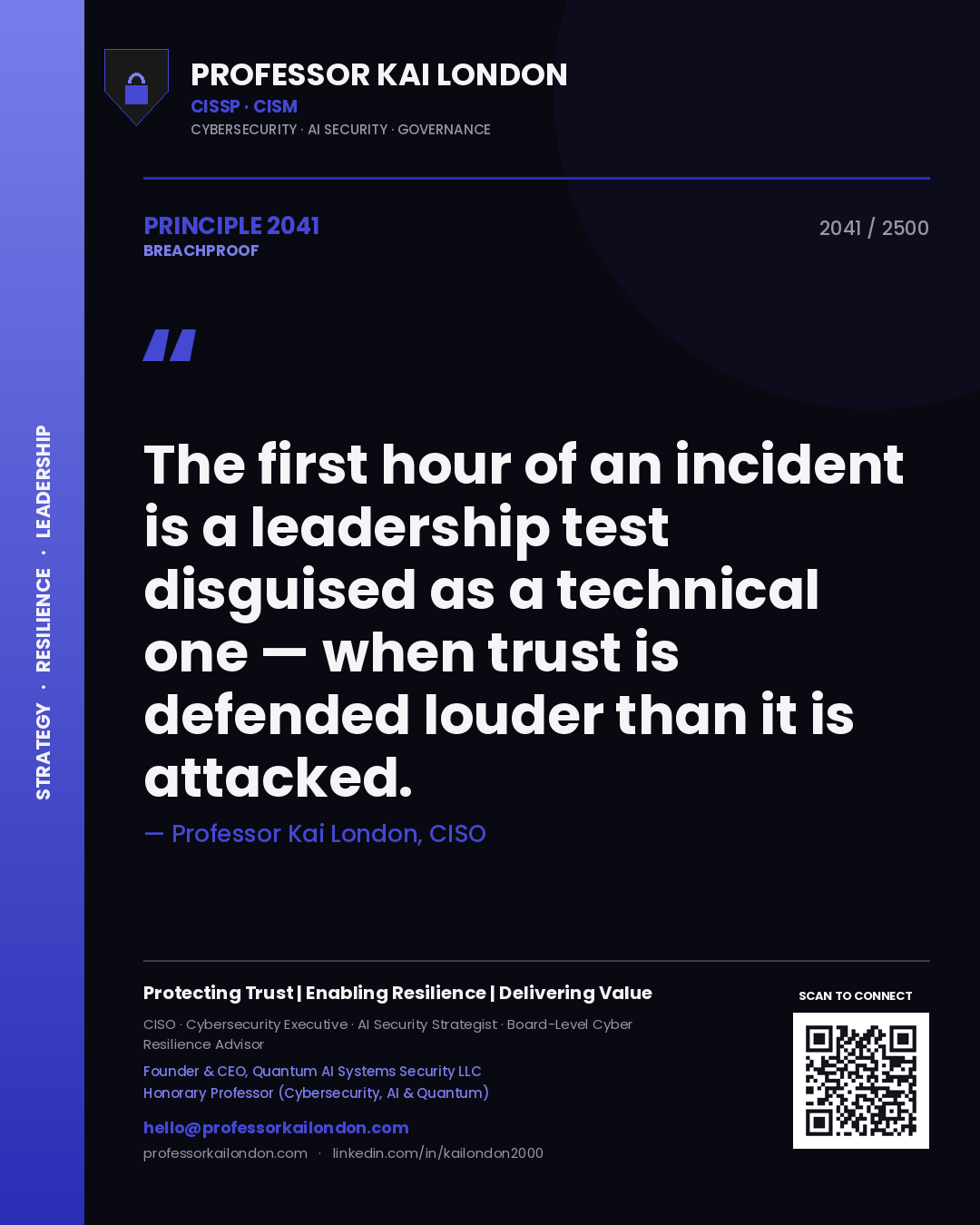 Quote card by Professor Kai London reading 'The first hour of an incident is a leadership test disguised as a technical one — when trust is defended louder than it is attacked.'. From the book Breachproof.