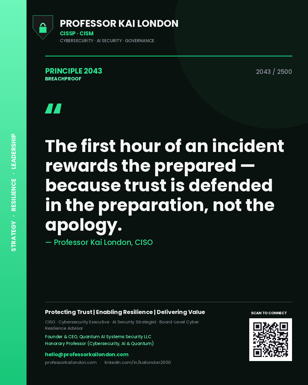 Quote card by Professor Kai London reading 'The first hour of an incident rewards the prepared — because trust is defended in the preparation, not the apology.'. From the book Breachproof.