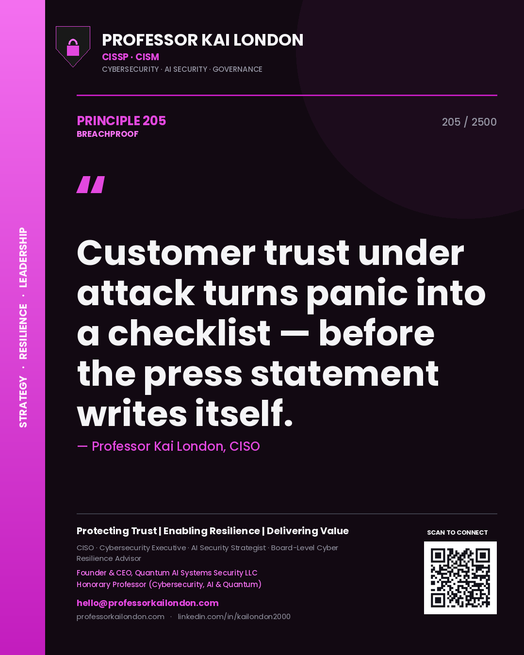 Quote card by Professor Kai London reading 'Customer trust under attack turns panic into a checklist — before the press statement writes itself.'. From the book Breachproof.