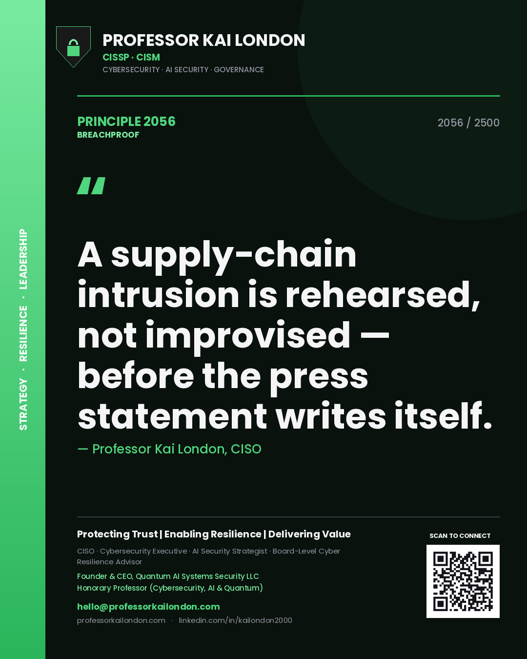 Quote card by Professor Kai London reading 'A supply-chain intrusion is rehearsed, not improvised — before the press statement writes itself.'. From the book Breachproof.