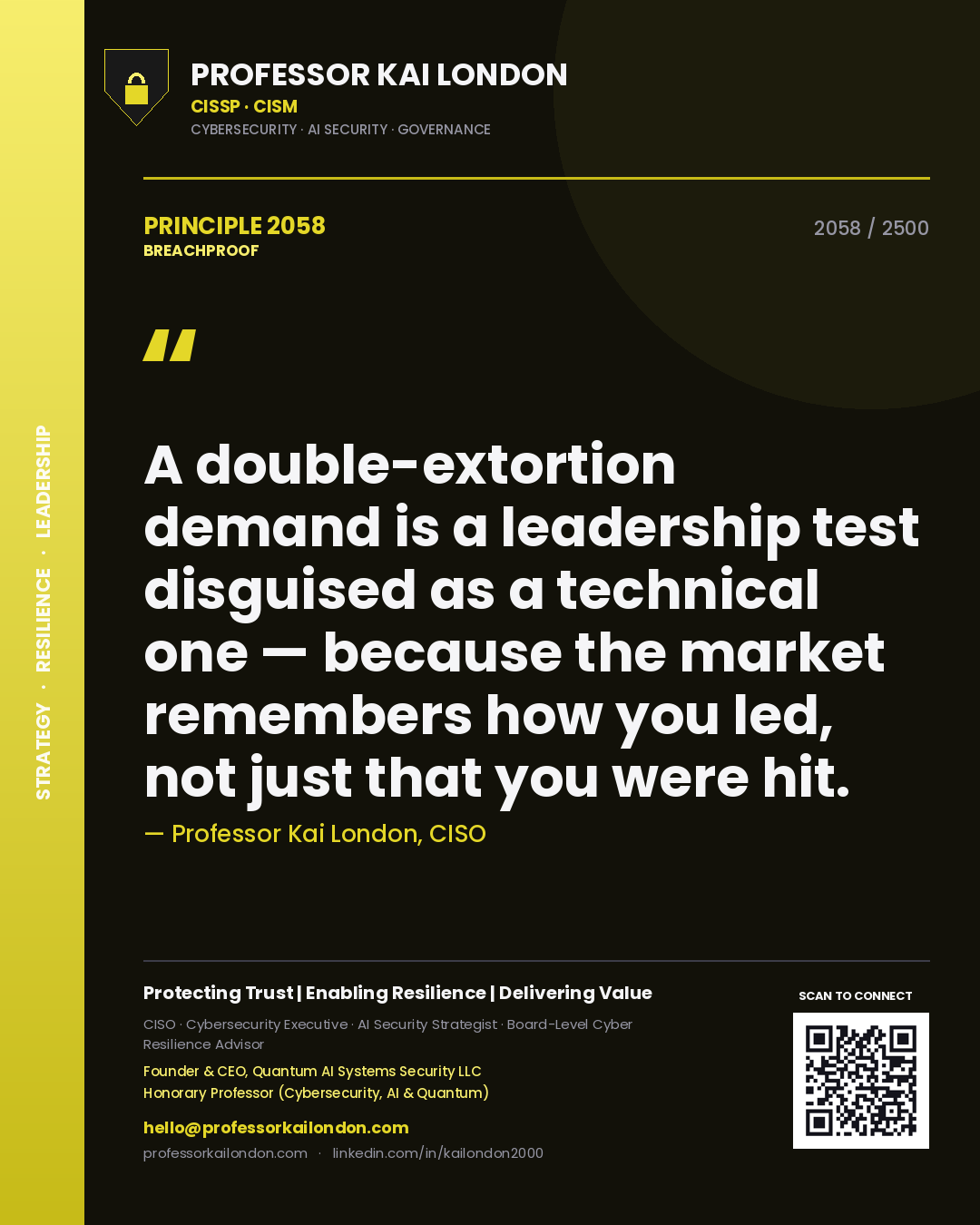 Quote card by Professor Kai London reading 'A double-extortion demand is a leadership test disguised as a technical one — because the market remembers how you led, not just that you were hit.'. From the book Breachproof.