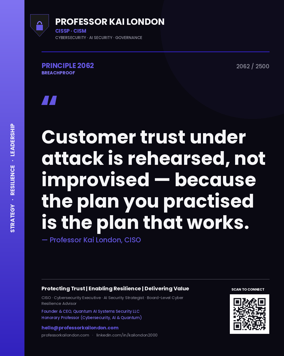 Quote card by Professor Kai London reading 'Customer trust under attack is rehearsed, not improvised — because the plan you practised is the plan that works.'. From the book Breachproof.