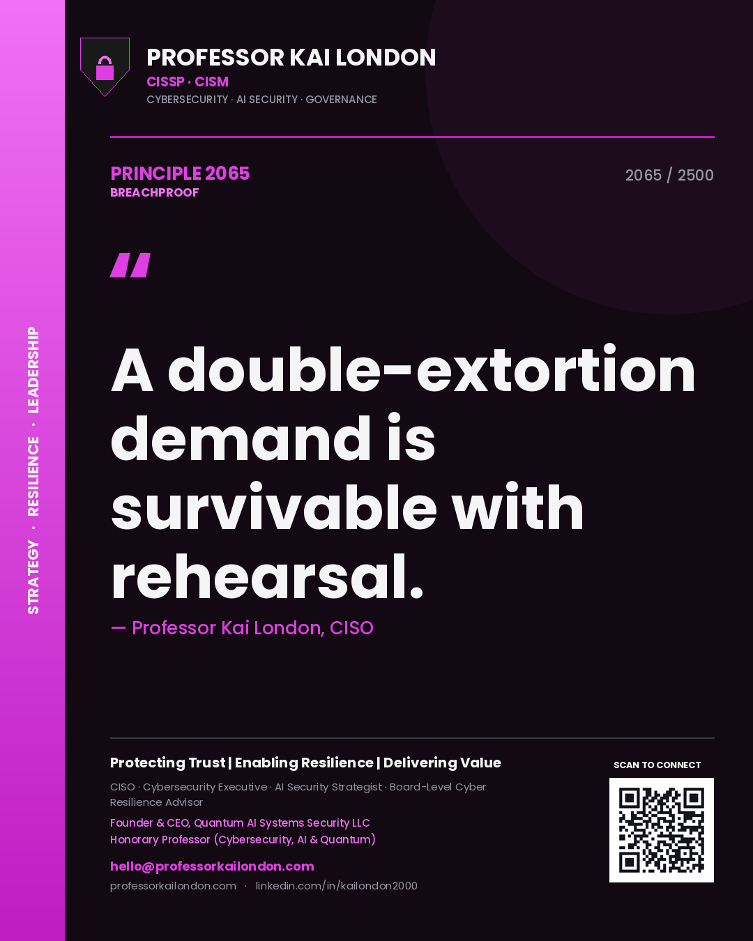 Quote card by Professor Kai London reading 'A double-extortion demand is survivable with rehearsal.'. From the book Breachproof.