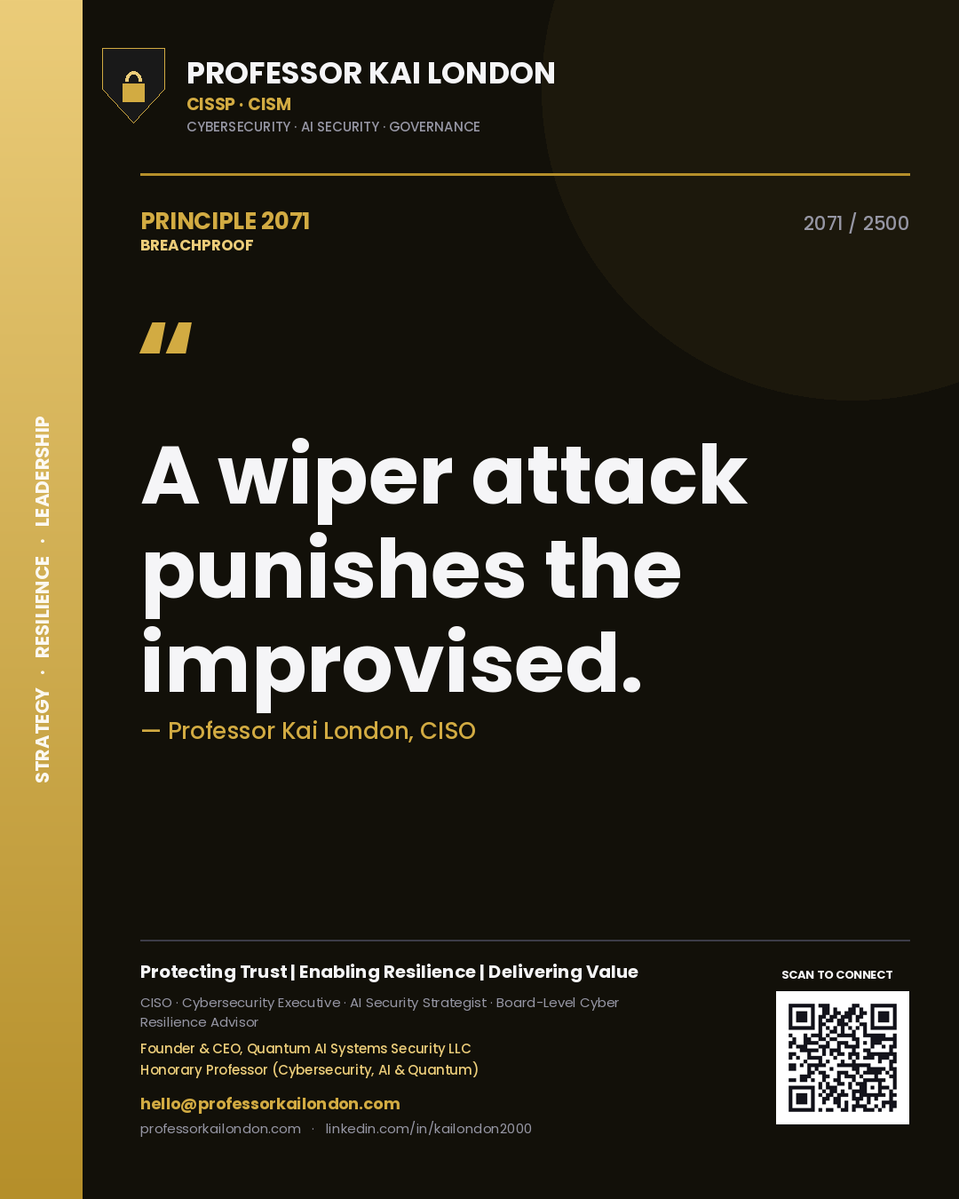 Quote card by Professor Kai London reading 'A wiper attack punishes the improvised.'. From the book Breachproof.