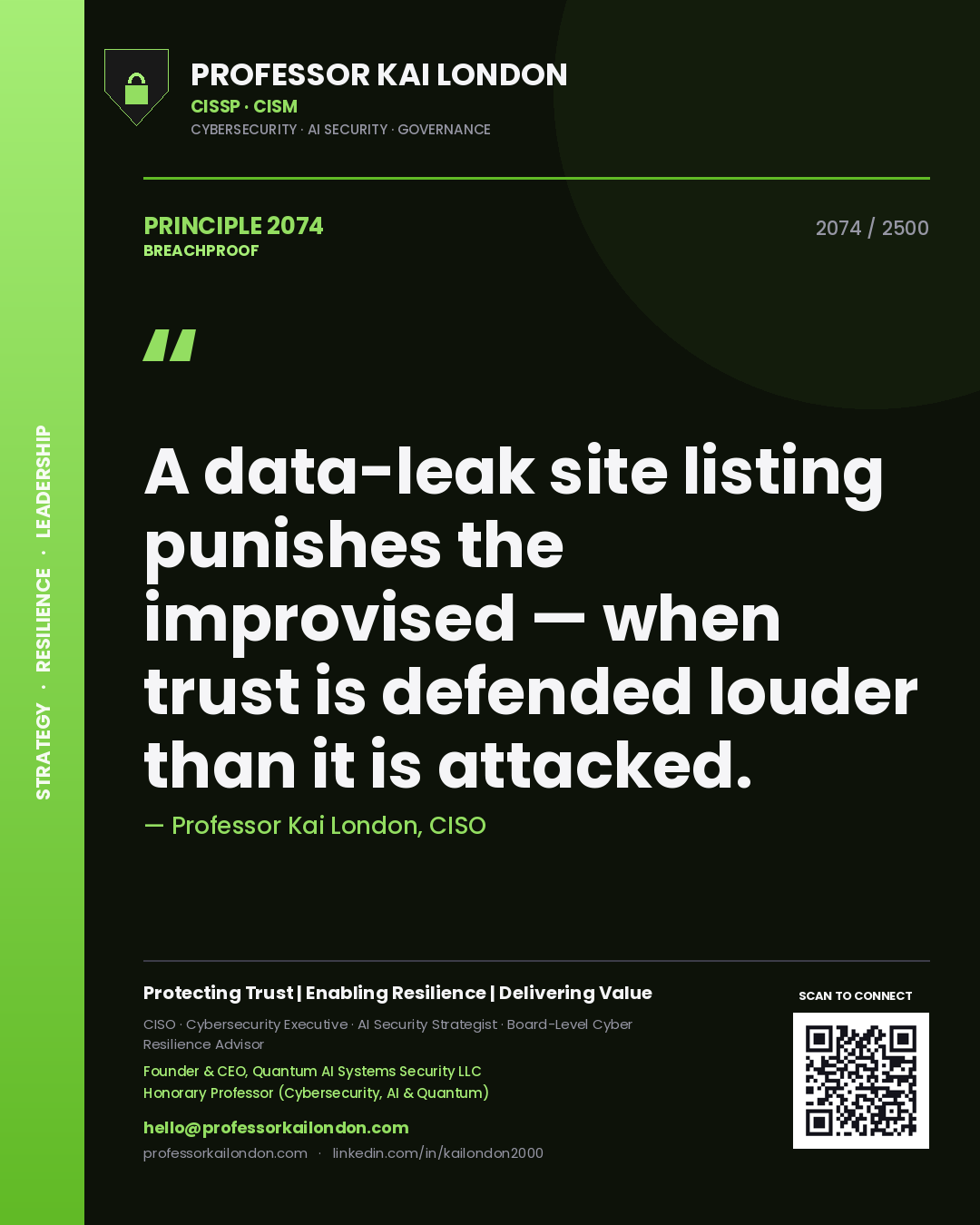 Quote card by Professor Kai London reading 'A data-leak site listing punishes the improvised — when trust is defended louder than it is attacked.'. From the book Breachproof.