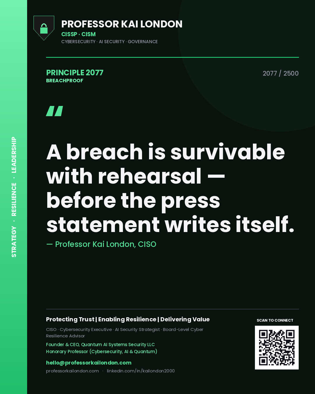 Quote card by Professor Kai London reading 'A breach is survivable with rehearsal — before the press statement writes itself.'. From the book Breachproof.
