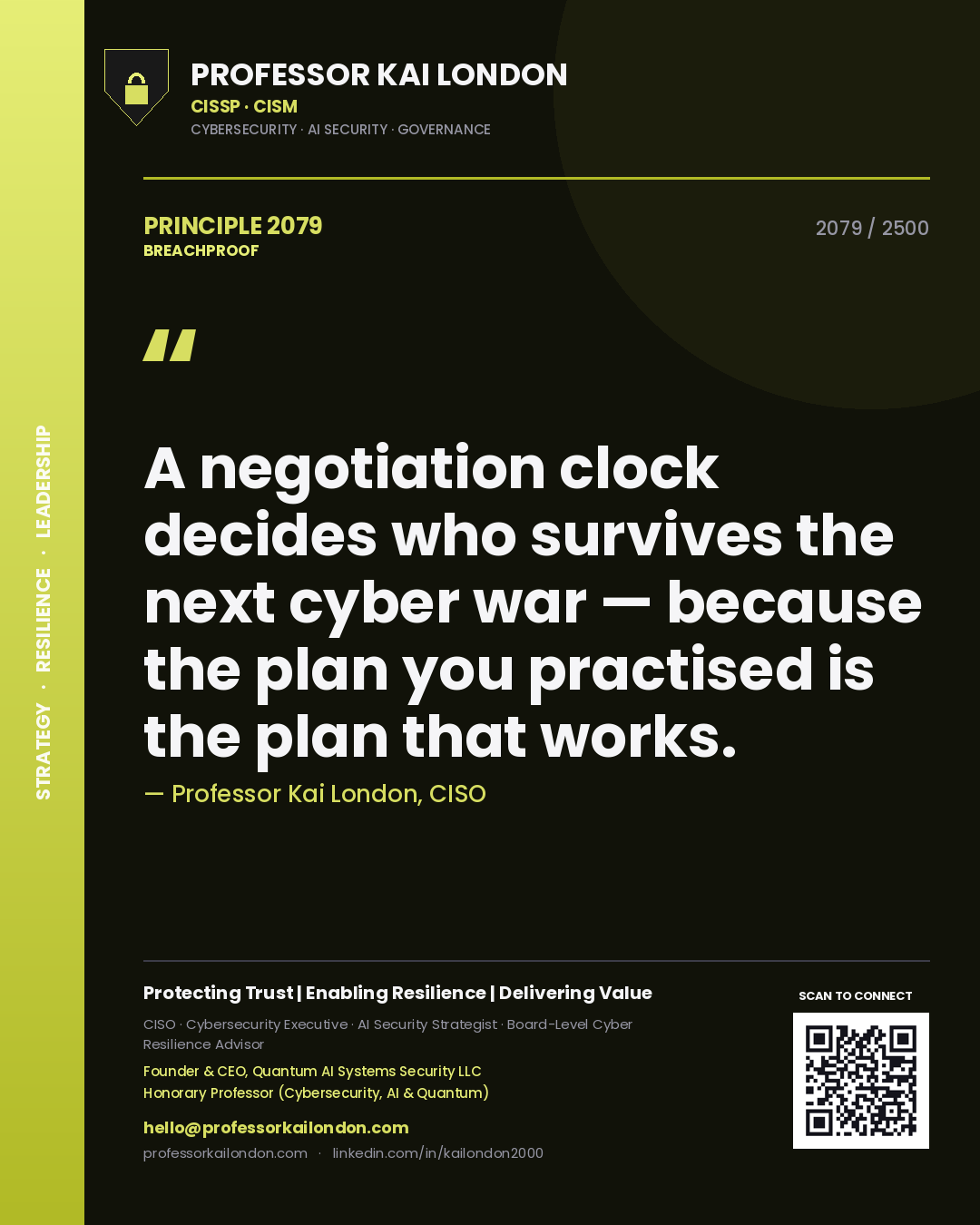 Quote card by Professor Kai London reading 'A negotiation clock decides who survives the next cyber war — because the plan you practised is the plan that works.'. From the book Breachproof.