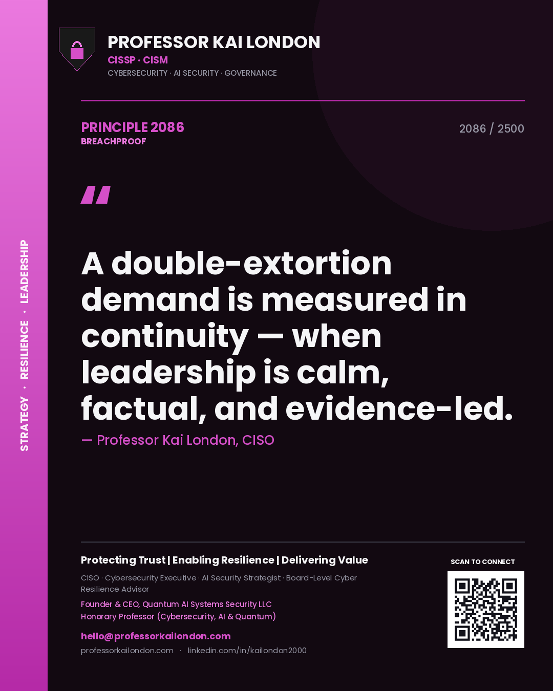 Quote card by Professor Kai London reading 'A double-extortion demand is measured in continuity — when leadership is calm, factual, and evidence-led.'. From the book Breachproof.