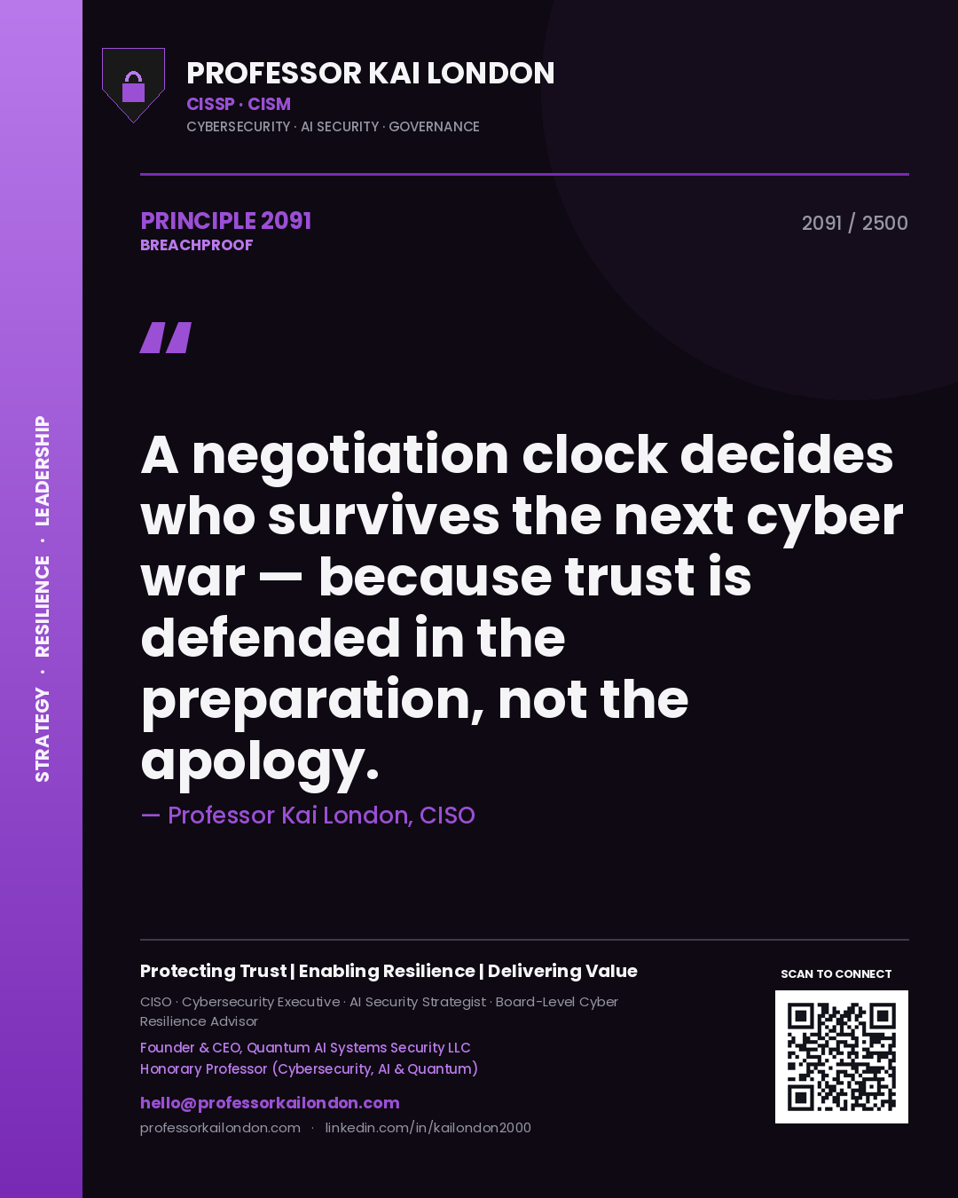 Quote card by Professor Kai London reading 'A negotiation clock decides who survives the next cyber war — because trust is defended in the preparation, not the apology.'. From the book Breachproof.