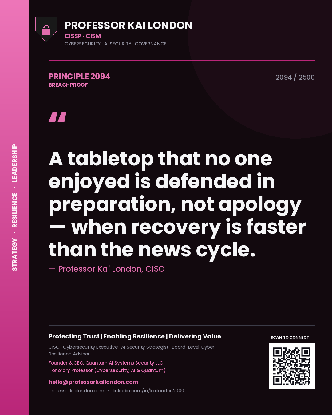Quote card by Professor Kai London reading 'A tabletop that no one enjoyed is defended in preparation, not apology — when recovery is faster than the news cycle.'. From the book Breachproof.