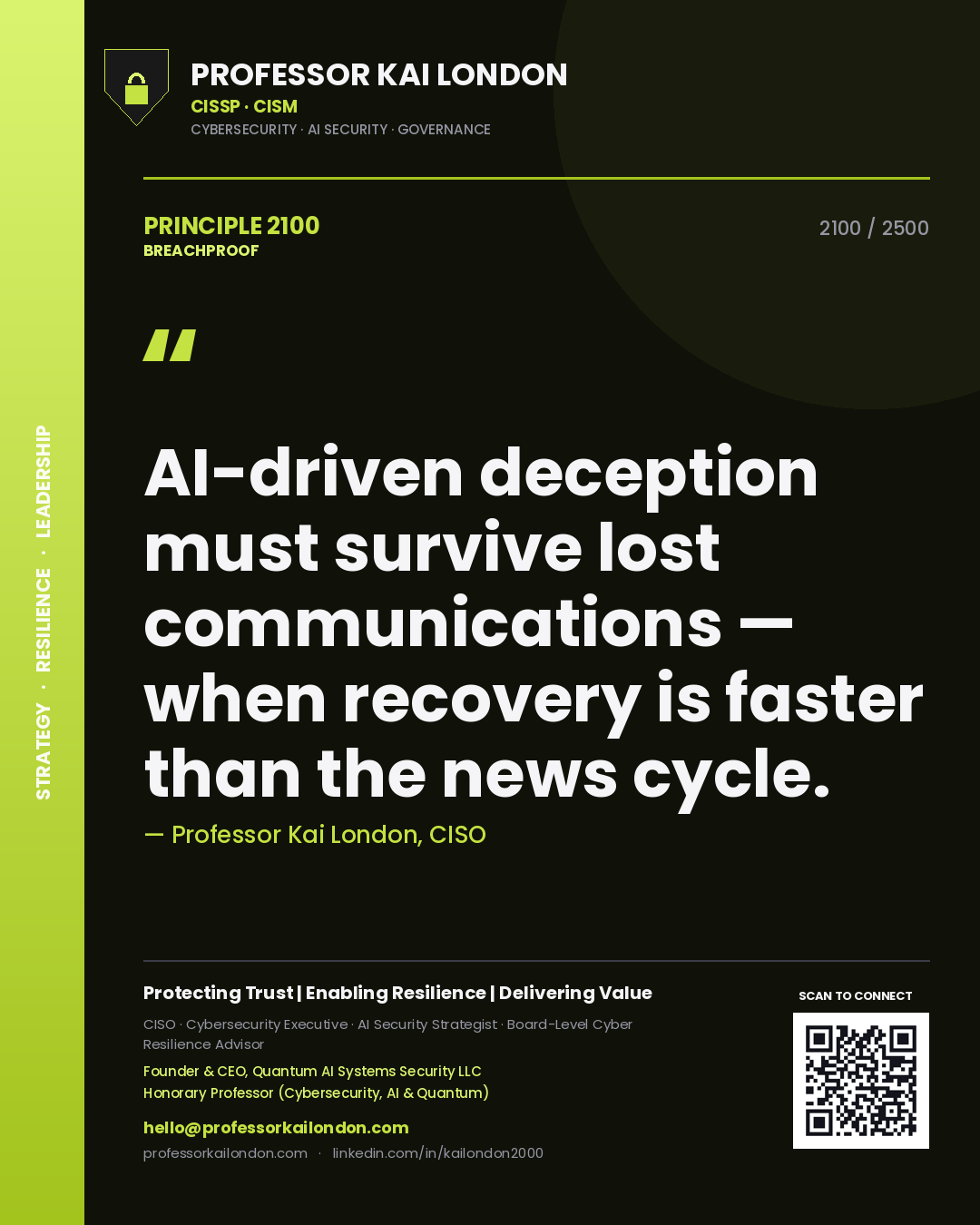 Quote card by Professor Kai London reading 'AI-driven deception must survive lost communications — when recovery is faster than the news cycle.'. From the book Breachproof.
