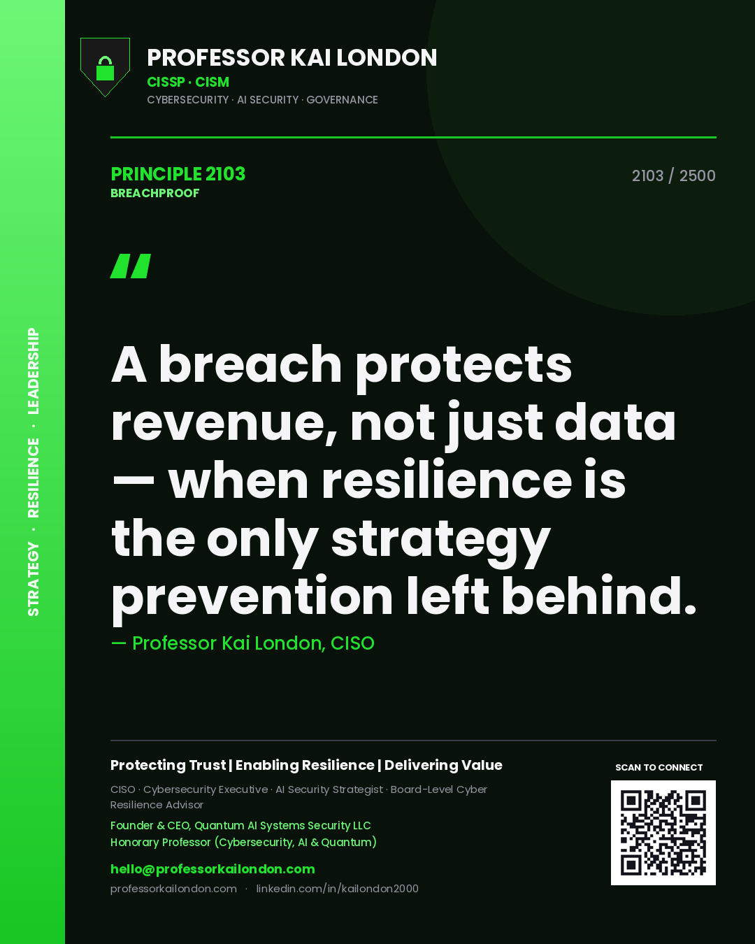 Quote card by Professor Kai London reading 'A breach protects revenue, not just data — when resilience is the only strategy prevention left behind.'. From the book Breachproof.
