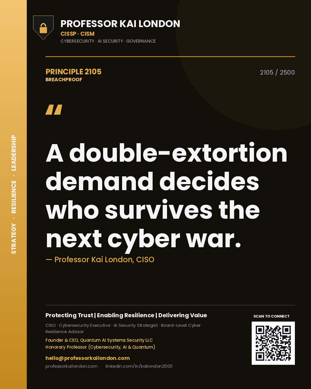 Quote card by Professor Kai London reading 'A double-extortion demand decides who survives the next cyber war.'. From the book Breachproof.