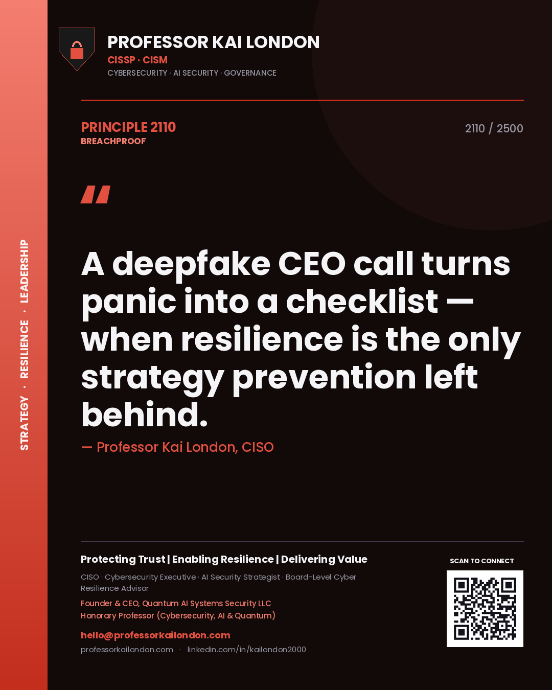 Quote card by Professor Kai London reading 'A deepfake CEO call turns panic into a checklist — when resilience is the only strategy prevention left behind.'. From the book Breachproof.