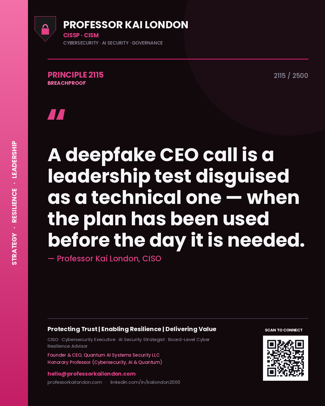 Quote card by Professor Kai London reading 'A deepfake CEO call is a leadership test disguised as a technical one — when the plan has been used before the day it is needed.'. From the book Breachproof.