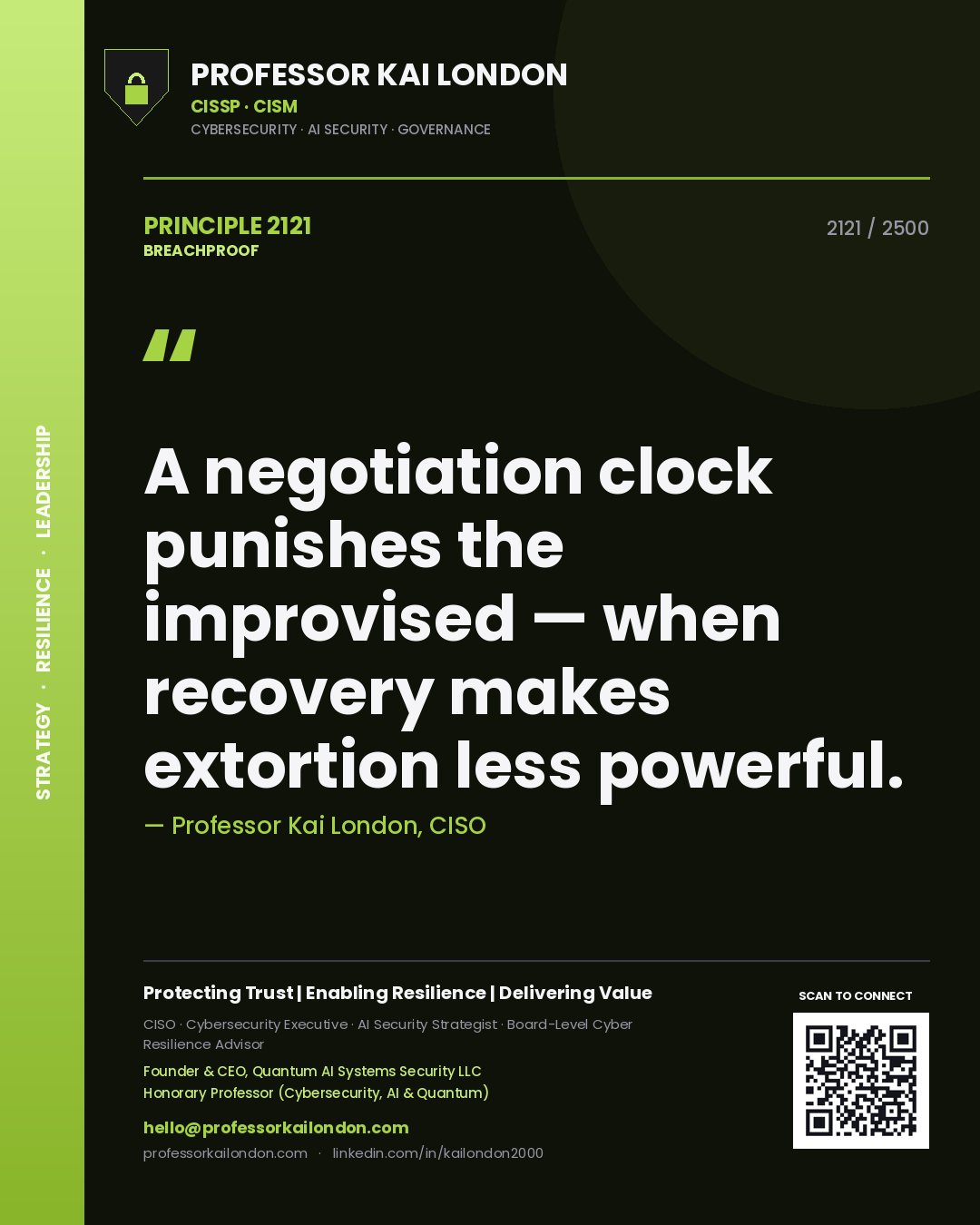 Quote card by Professor Kai London reading 'A negotiation clock punishes the improvised — when recovery makes extortion less powerful.'. From the book Breachproof.