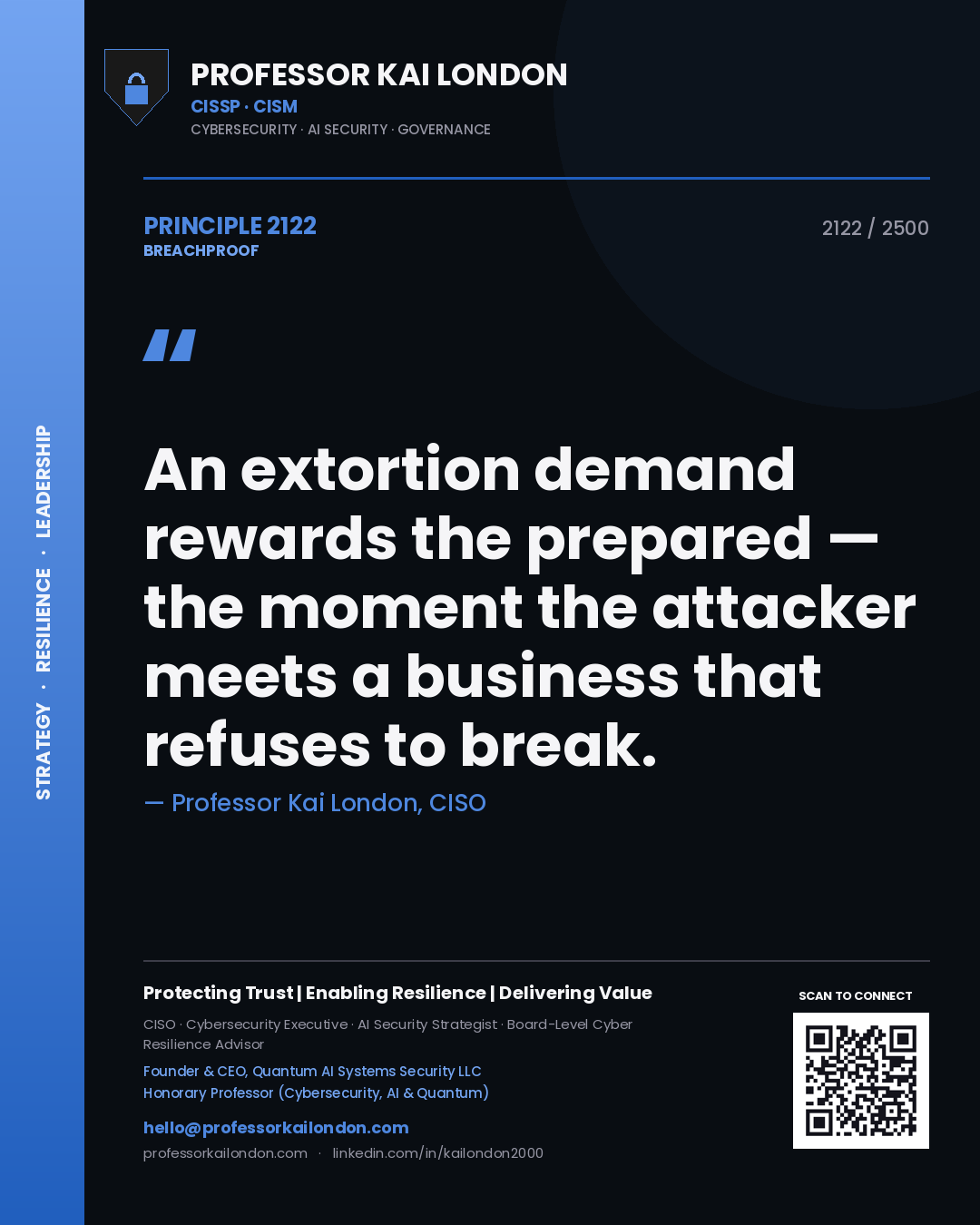 Quote card by Professor Kai London reading 'An extortion demand rewards the prepared — the moment the attacker meets a business that refuses to break.'. From the book Breachproof.