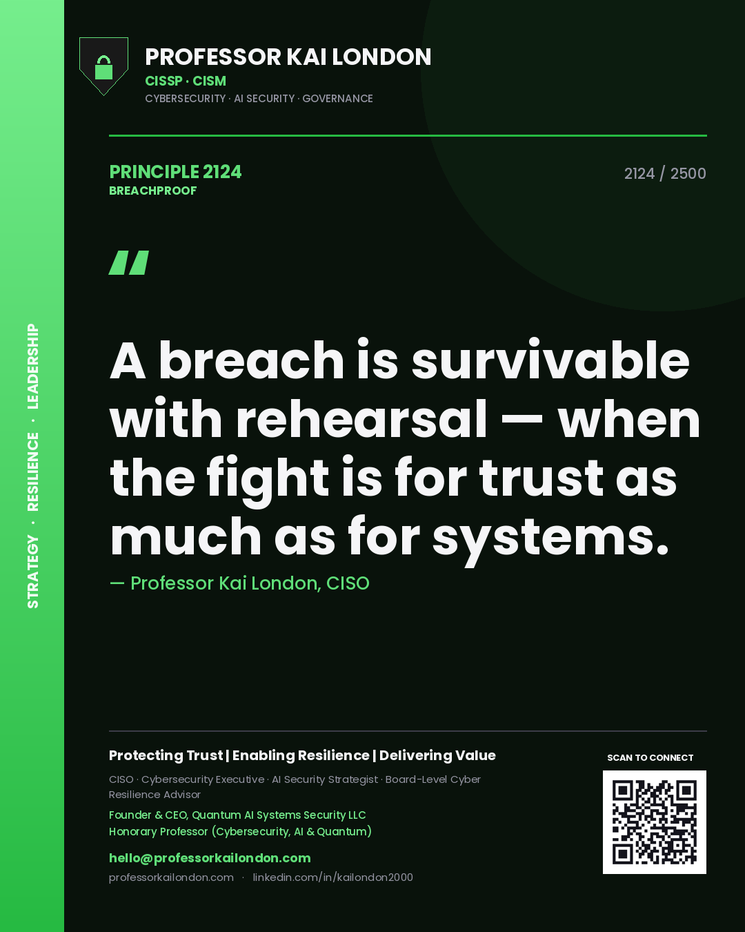 Quote card by Professor Kai London reading 'A breach is survivable with rehearsal — when the fight is for trust as much as for systems.'. From the book Breachproof.