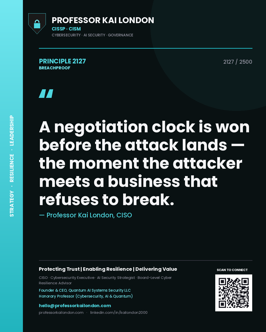 Quote card by Professor Kai London reading 'A negotiation clock is won before the attack lands — the moment the attacker meets a business that refuses to break.'. From the book Breachproof.