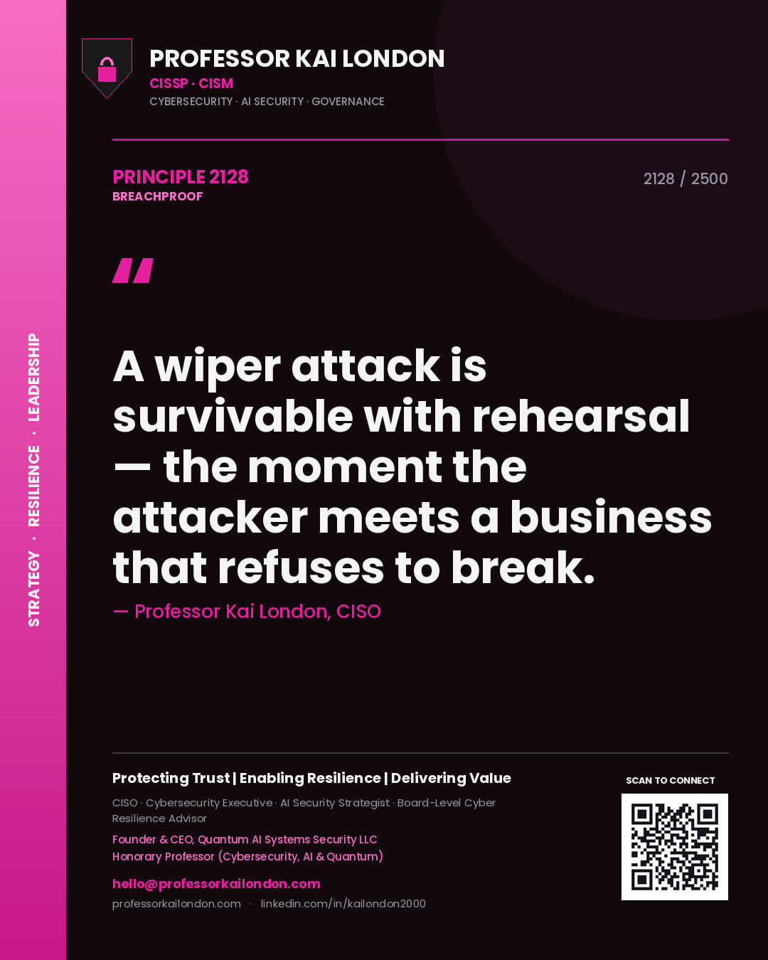 Quote card by Professor Kai London reading 'A wiper attack is survivable with rehearsal — the moment the attacker meets a business that refuses to break.'. From the book Breachproof.