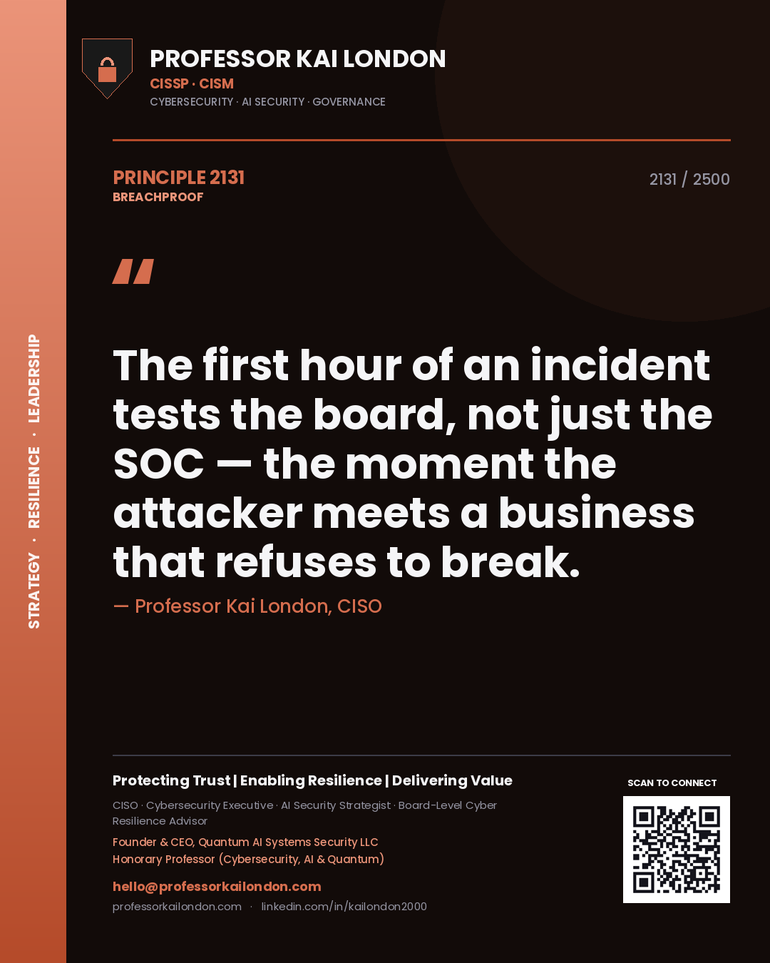 Quote card by Professor Kai London reading 'The first hour of an incident tests the board, not just the SOC — the moment the attacker meets a business that refuses to break.'. From the book Breachproof.
