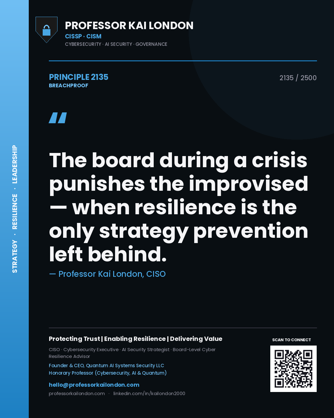 Quote card by Professor Kai London reading 'The board during a crisis punishes the improvised — when resilience is the only strategy prevention left behind.'. From the book Breachproof.