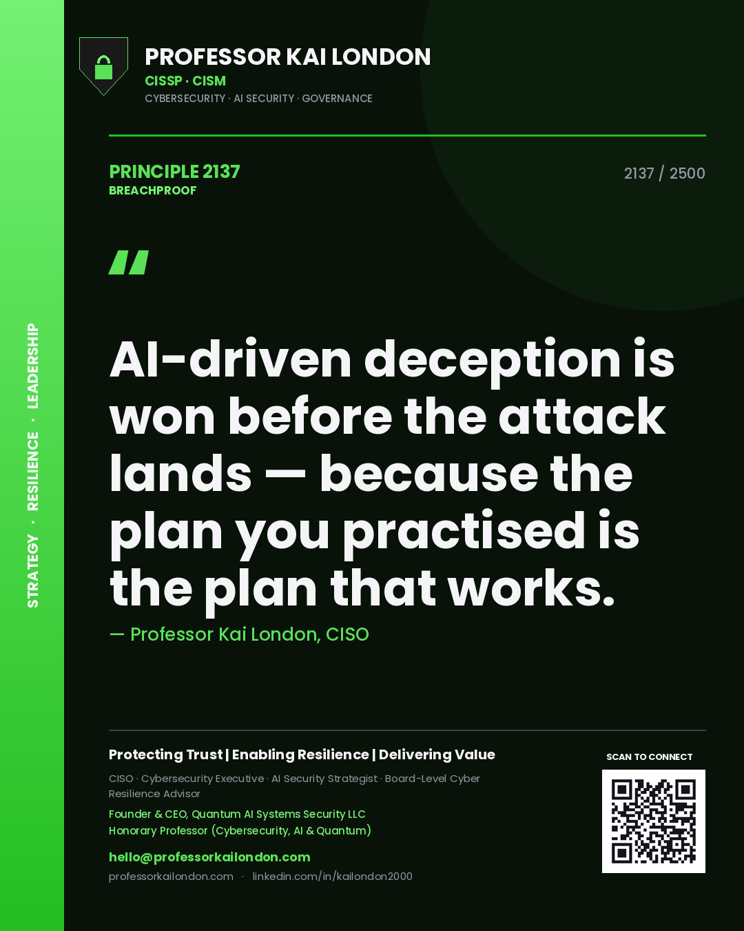 Professor Kai London principle 2137: AI-driven deception is won before the attack lands — because the plan you practised is the plan that works.