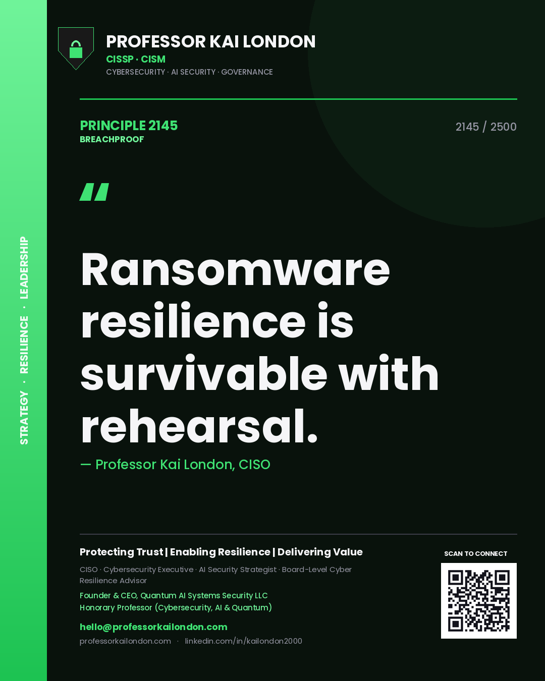 Quote card by Professor Kai London reading 'Ransomware resilience is survivable with rehearsal.'. From the book Breachproof.