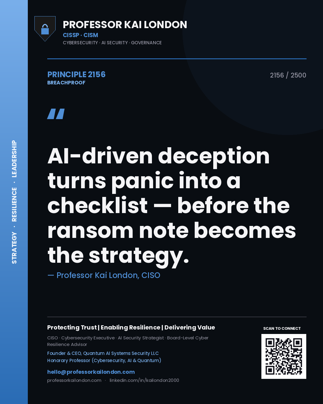 Quote card by Professor Kai London reading 'AI-driven deception turns panic into a checklist — before the ransom note becomes the strategy.'. From the book Breachproof.