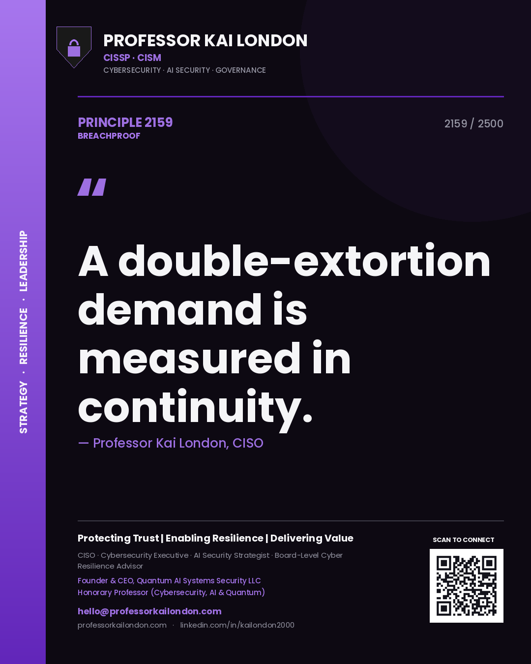 Quote card by Professor Kai London reading 'A double-extortion demand is measured in continuity.'. From the book Breachproof.