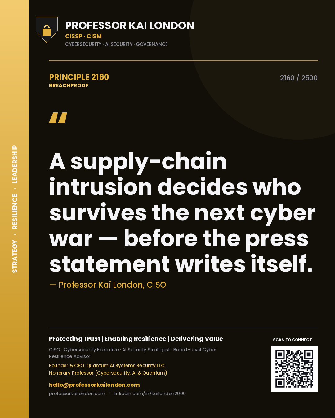 Quote card by Professor Kai London reading 'A supply-chain intrusion decides who survives the next cyber war — before the press statement writes itself.'. From the book Breachproof.