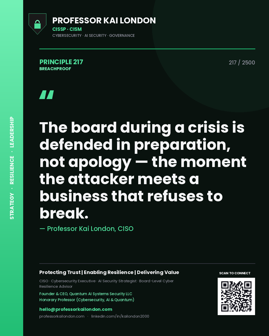 Quote card by Professor Kai London reading 'The board during a crisis is defended in preparation, not apology — the moment the attacker meets a business that refuses to break.'. From the book Breachproof.