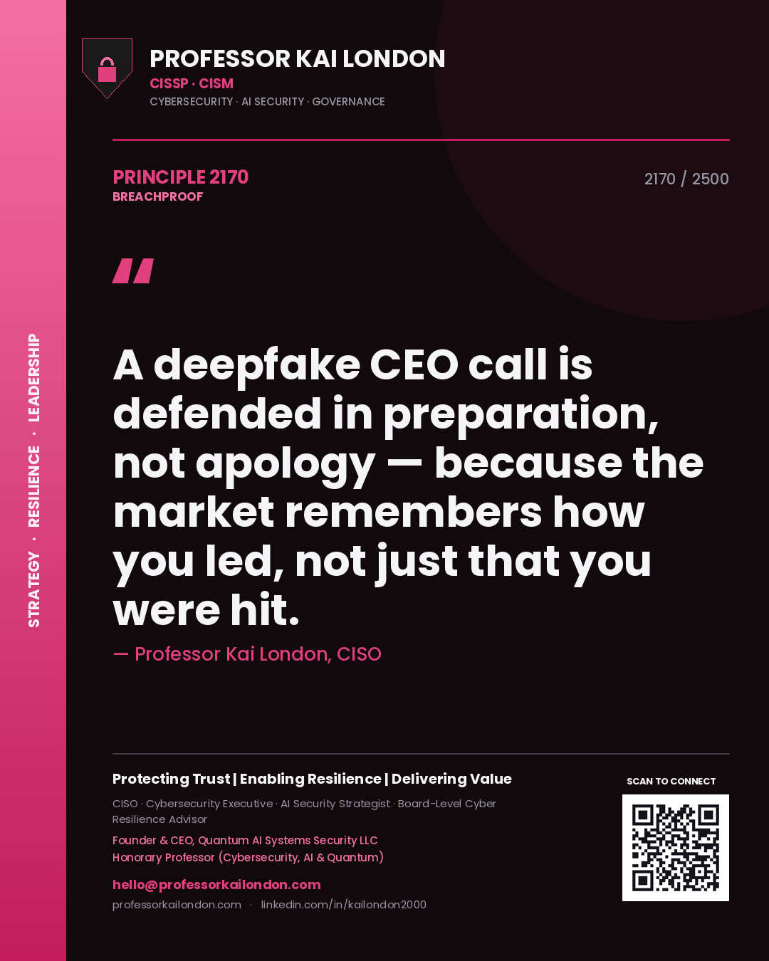 Quote card by Professor Kai London reading 'A deepfake CEO call is defended in preparation, not apology — because the market remembers how you led, not just that you were hit.'. From the book Breachproof.