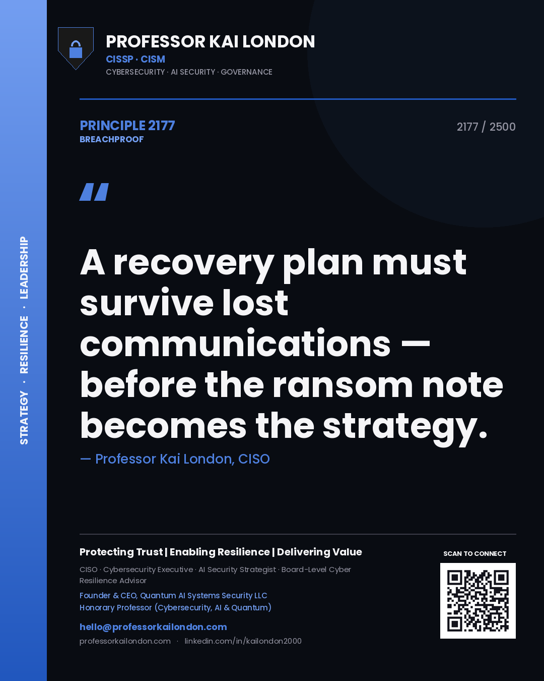 Quote card by Professor Kai London reading 'A recovery plan must survive lost communications — before the ransom note becomes the strategy.'. From the book Breachproof.
