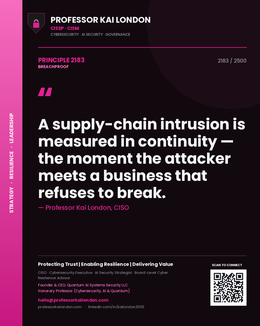 Quote card by Professor Kai London reading 'A supply-chain intrusion is measured in continuity — the moment the attacker meets a business that refuses to break.'. From the book Breachproof.