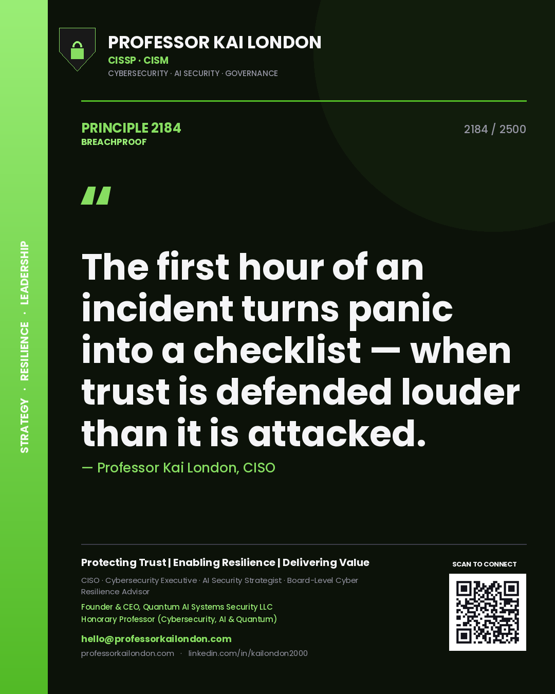 Quote card by Professor Kai London reading 'The first hour of an incident turns panic into a checklist — when trust is defended louder than it is attacked.'. From the book Breachproof.