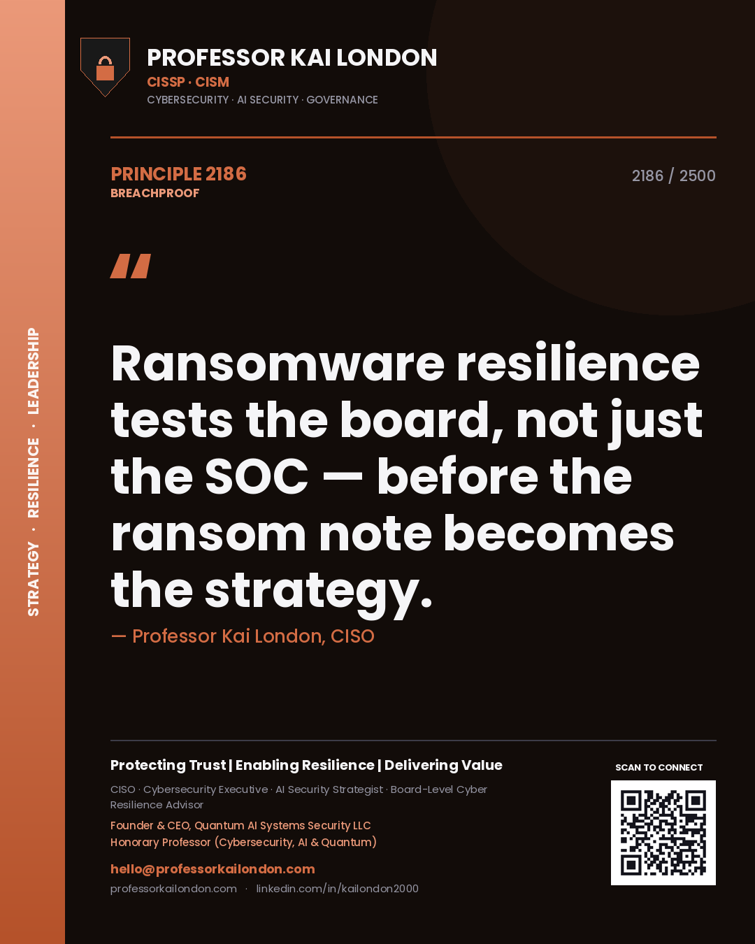 Quote card by Professor Kai London reading 'Ransomware resilience tests the board, not just the SOC — before the ransom note becomes the strategy.'. From the book Breachproof.