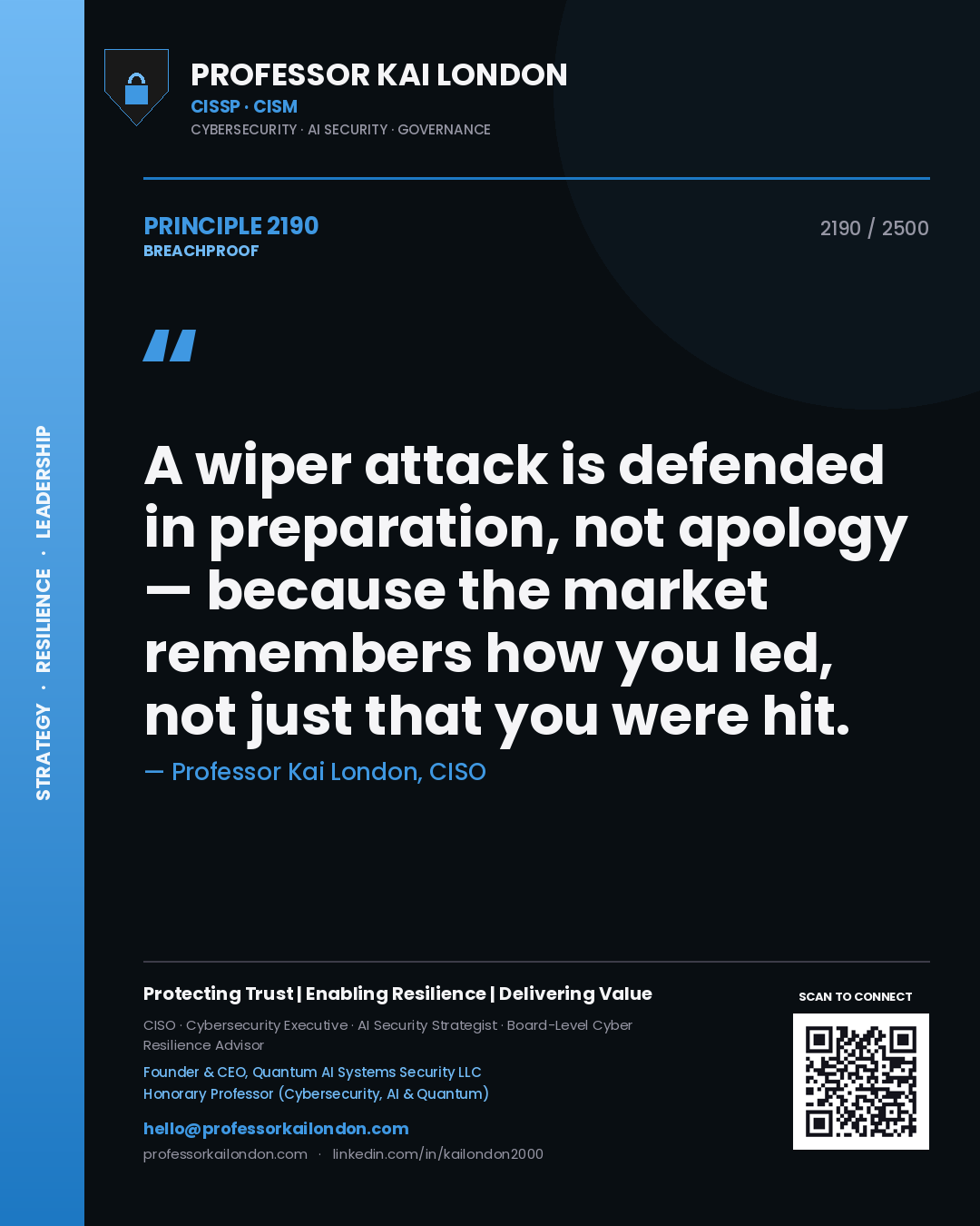 Quote card by Professor Kai London reading 'A wiper attack is defended in preparation, not apology — because the market remembers how you led, not just that you were hit.'. From the book Breachproof.