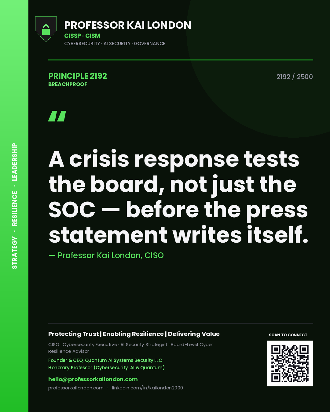 Quote card by Professor Kai London reading 'A crisis response tests the board, not just the SOC — before the press statement writes itself.'. From the book Breachproof.