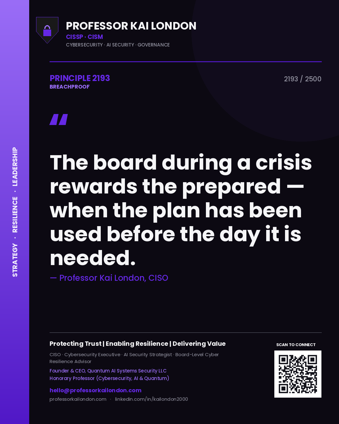 Quote card by Professor Kai London reading 'The board during a crisis rewards the prepared — when the plan has been used before the day it is needed.'. From the book Breachproof.